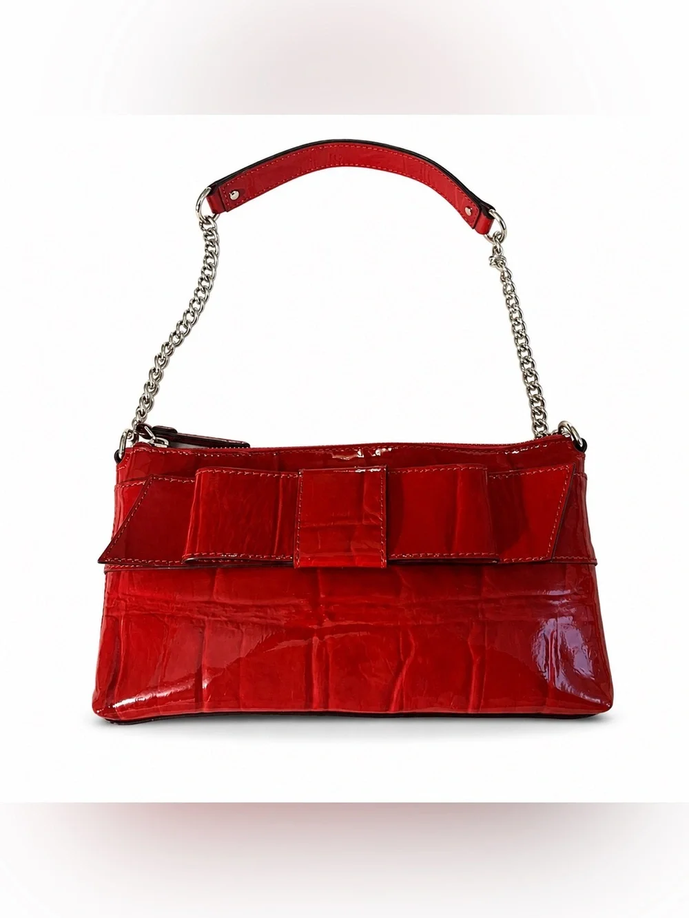 Kate Spade Knightsbridge Red Croc Patent Leather Bow Chain Shoulder Clutch